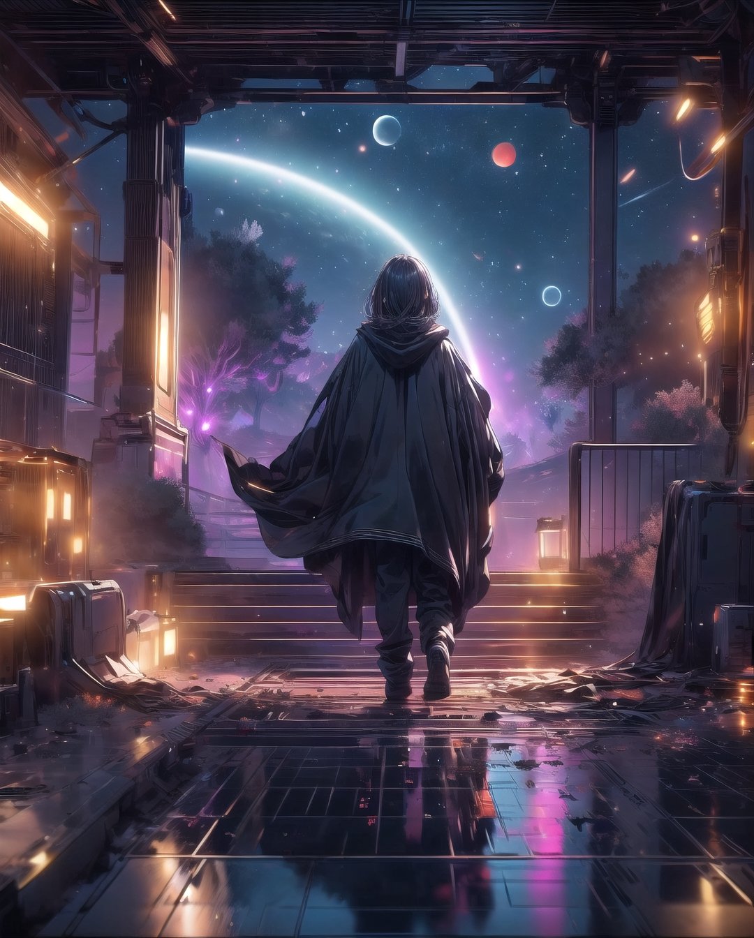 cloak,Man staring at night sky ripe with red moon, Purple and red moon, Dark atmosphere, reflection::2,luxurious_cloaks,(masterpiece, best quality, ultra-detailed, 8K), Compose a breathtaking depiction of an asteroid suspended in the vast expanse of dark space. The scene unfolds with an awe-inspiring view of a solitary asteroid, its rugged surface illuminated by the distant glint of stars scattered across the cosmic canvas.

The asteroid stands as a solitary sentinel amidst the velvety darkness, its jagged edges and craggy terrain illuminated by the subtle glow of celestial bodies. Shadows dance across its pockmarked surface, hinting at eons of cosmic collisions and space-borne journeys.

Surrounded by the inky abyss, the asteroid takes center stage, commanding attention with its enigmatic presence. The cosmic silence amplifies the solemnity of this celestial body, inviting contemplation of the mysteries and wonders that reside within the depths of the cosmos. This depiction captures the serene beauty and quiet grandeur of an asteroid suspended in the infinite darkness of space.