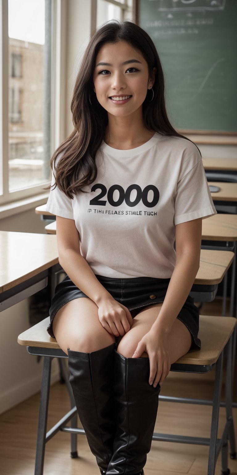 A cinematic shot of a cute blonde french girl sitting on a school table, (thumbs-up), dressed in thigh boots, a loose crop t-shirt ((with the text "2000" written across it)), and a miniskirt. The warm, vibrant color palette is enhanced by bokeh lighting, creating a highly detailed and photorealistic image. Her bright smile captures the viewer's attention as she sits comfortably on the table, surrounded by the hum of a classroom atmosphere, with subtle texture and depth adding to the overall high-res, 1.2 megapixel quality.