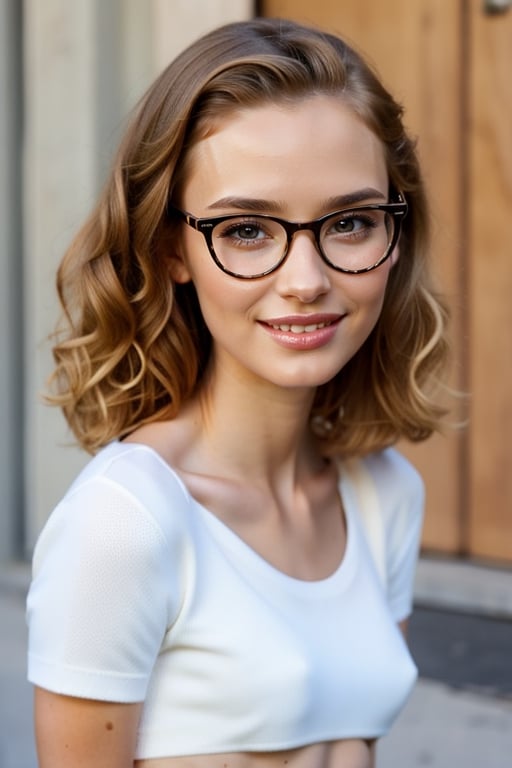 hyper realistic photo of a happy cute pretty white french girl, 18yo, petite, teeny, slender body, medium curly blond hair, brown eyes, thin metal glasses, round shaped glasses, shy smile, cute round shaped face, medium breasts, teeny, petite, topless,, school outfit, skirt, photorealistic