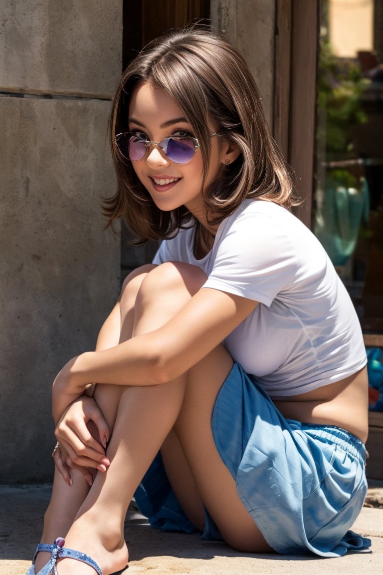 A whimsical scene unfolds: a young lady sits comfortably, her legs crossed in a delicate pose. She wears a small tight crop t-shirt that hugs her petite frame, paired with a flowy skirt that adds to her playful charm. A bright smile spreads across her face, radiating warmth and friendliness. (Her hands rest gently on each side), framing her adorable pose as she exudes an aura of innocence and cuteness.