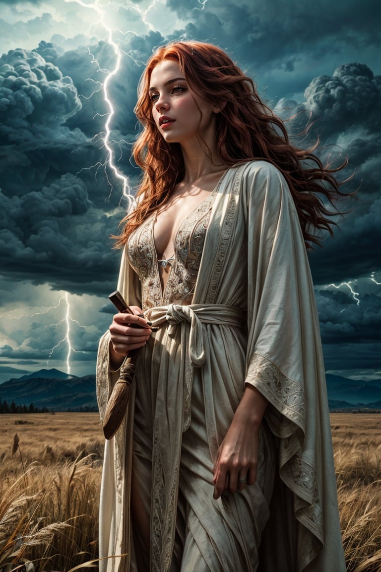 (4k), (masterpiece), (best quality),(extremely intricate), (realistic), (sharp focus), (award winning), (cinematic lighting), (extremely detailed), ultra realistic 

A young sorceress with long red hair, standing in a field of tall grass. She is wearing a flowing white robe with silver lightning bolts embroidered on it. Her staff is in her hand, and it is crackling with electricity. She is surrounded by a swirling vortex of lightning energy.