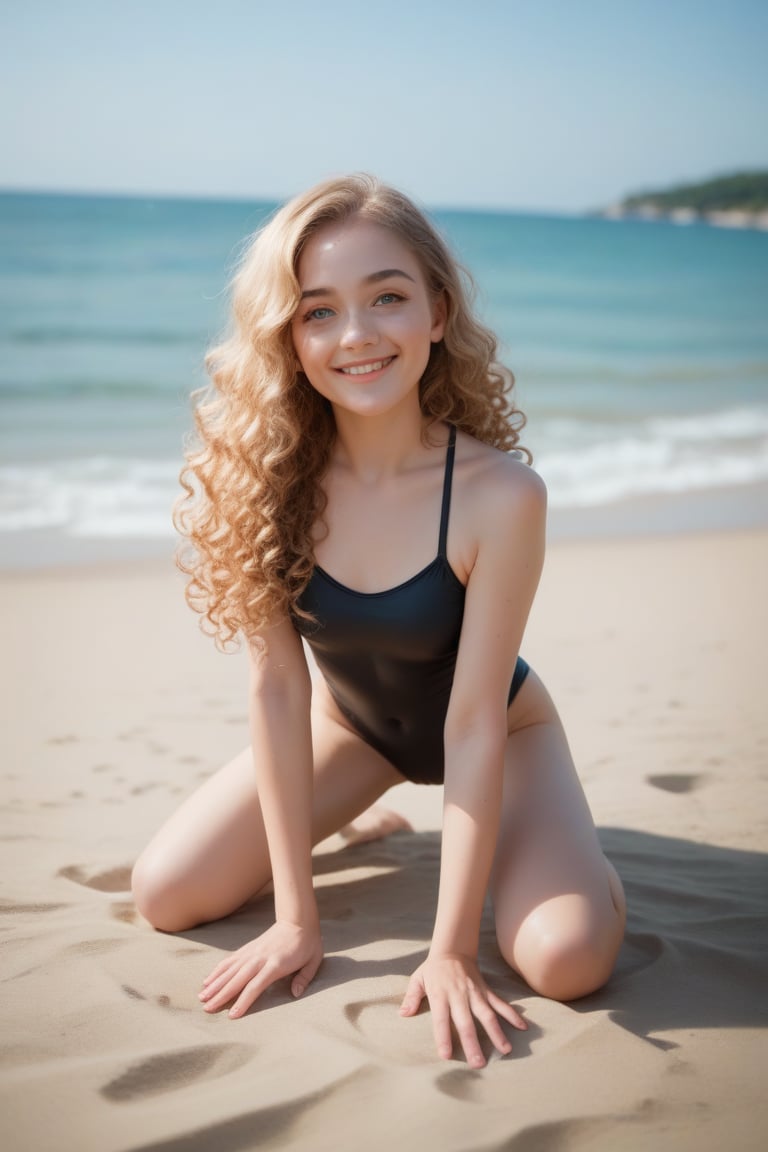 score_9, score_8_up, score_7_up, realistic, expressive eyes, perfect face, solo young girl, (medium breasts), smile, closed mouth, BREAK, black swimsuit, long hair, blond curly hair, on the beach, full body view