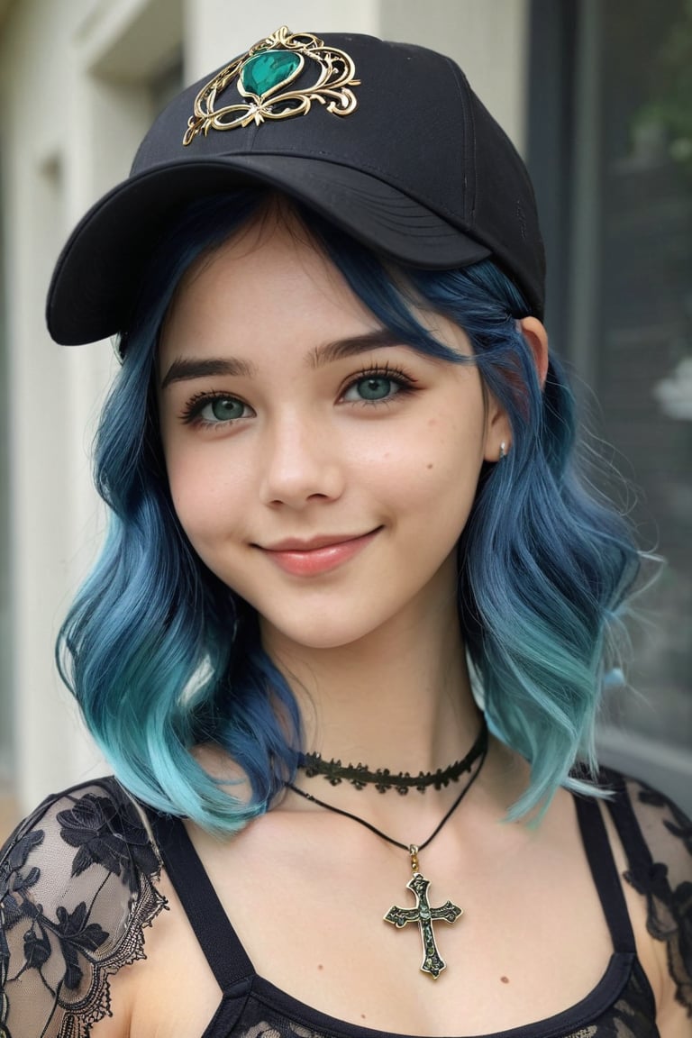 1girl,solo,long hair,looking at viewer, blue hair, black transparent lace top, jewelry, blue hair sheen, shiny hair with cap, choker, green eyes, grey background, cross necklace, two-tone hair,  Expressiveh,concept art,More Detail, focus on chest,
detailed_background,Cute Face,Cute Smile,Beautiful Girl,Young Girl,Realistic Model,Sexy Body,Hot Body,Beautiful Face,Sexy Girl