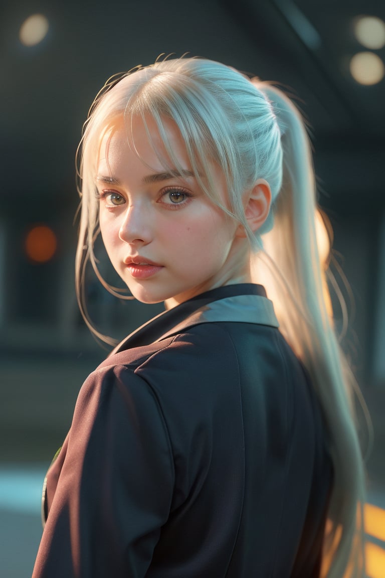 In a breathtaking 8k UHD composition, a stunning girl, characterized by long white hair tied in a ponytail, piercing amber eyes, donning a sleek school uniform. Her bangs framing her determined face, cowboy view, 3/4 view