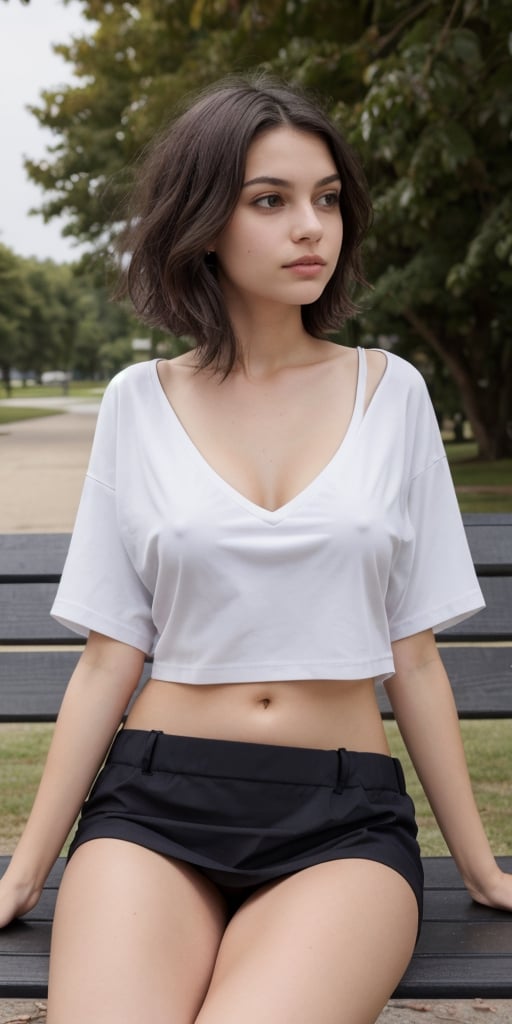 Masterpiece, highest quality, realistic, raw photo, teenager girl,perfect european girl,medium breasts, small nipples, Pubic hair, hairy pussy, white oversize short crop t-shirt, cleavage, navel, bare belly, low waist short miniskirt, supermodel, short hair, sitting on a bench, in a park, flirting  with the viewer, body view 