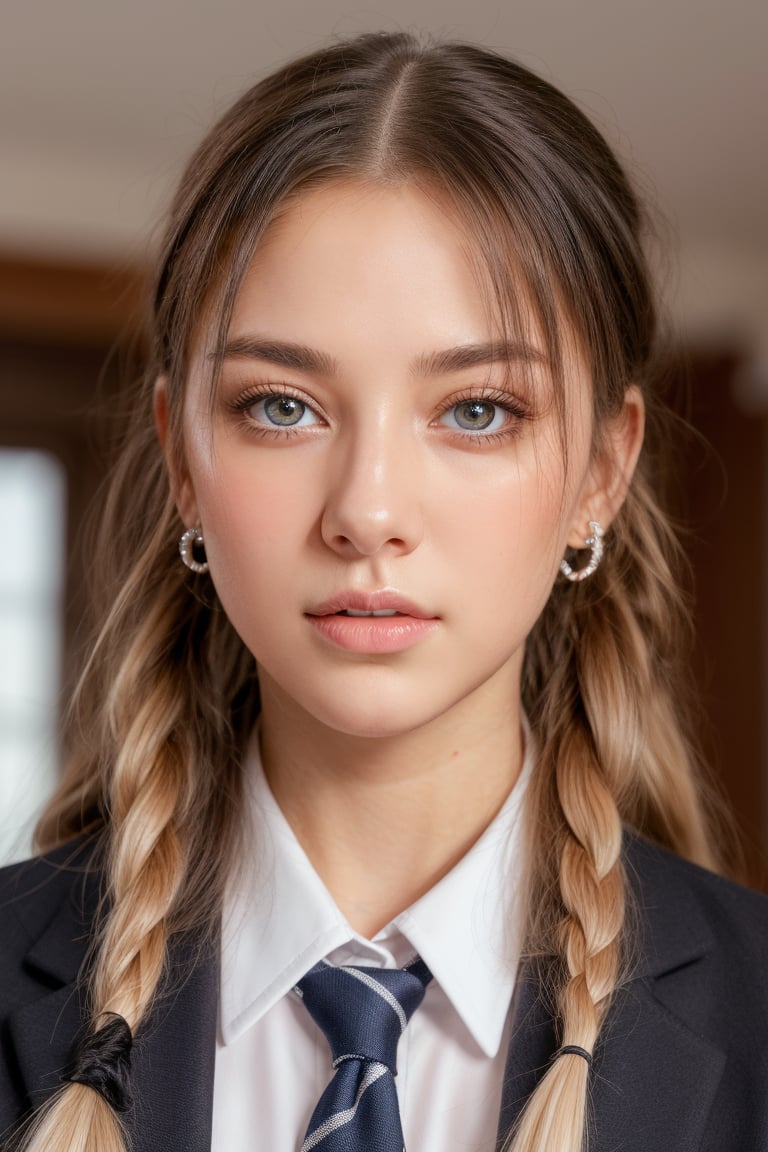 In a breathtaking 8k UHD composition, a stunning girl, characterized by long white hair tied in a ponytail, piercing amber eyes, donning a sleek school uniform. Her bangs framing her determined face,