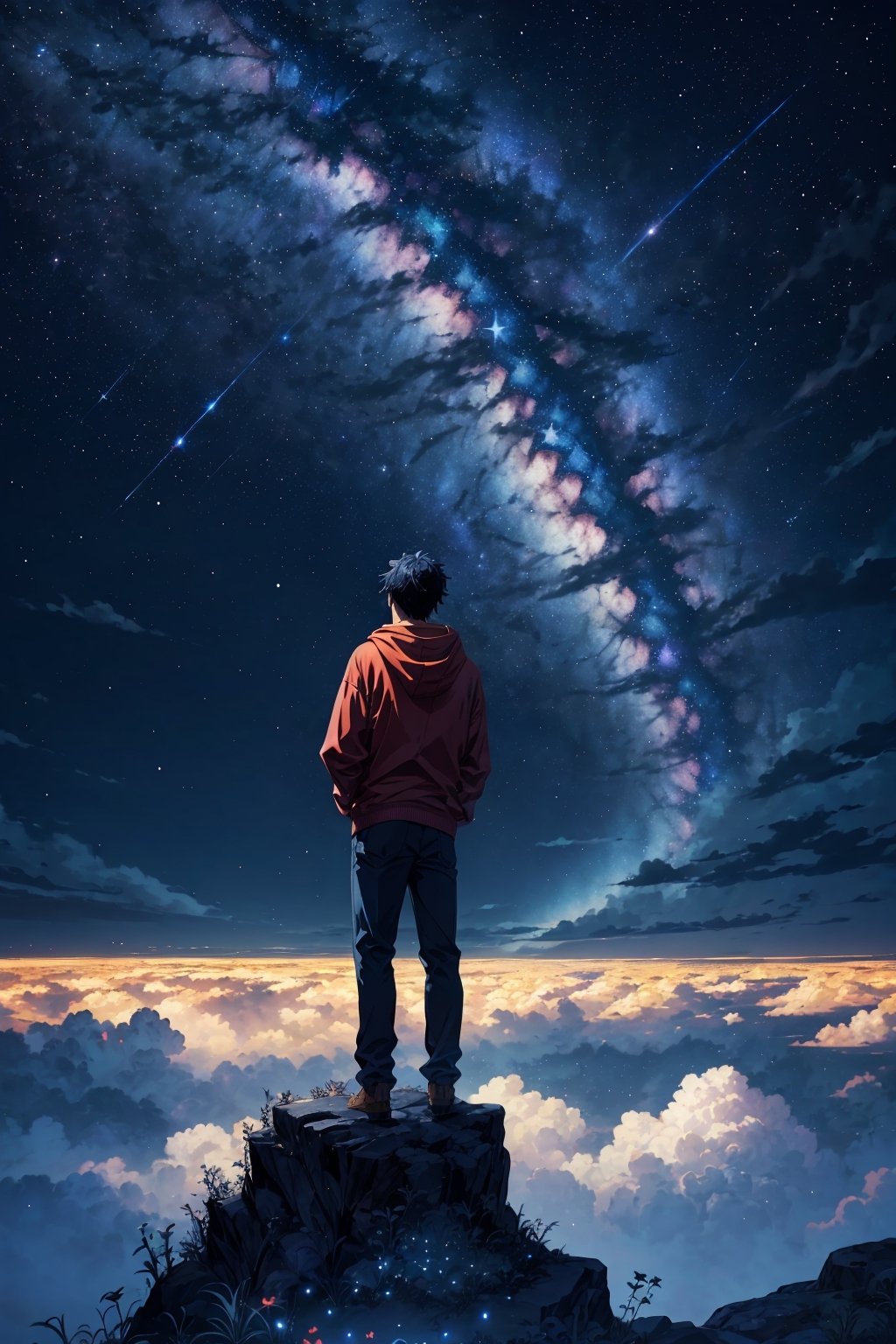 A man wearing red hoodie standing on top of the hill under the sky full of stars,  aquarion, shining its light among stars, by Tadashi Nakayama, dream design, connectedness, at pixiv, an idea seep's into infinity, bright deep blue, star rain, 32K, art masterpiece, LOFI