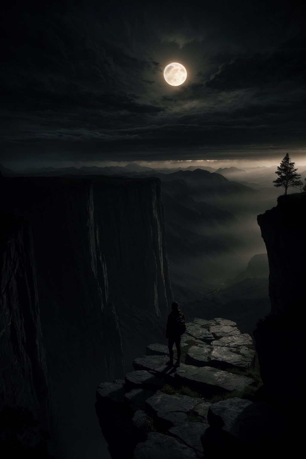 Mysterious and cinematic landscape featuring a lone figure standing on a cliff overlooking a dark and ominous valley, silhouetted against a dramatic and cloudy sky, full moon casting an eerie glow across the scene, the valley below is shrouded in shadow, with hints of twisted trees, jagged rocks, and deep ravines visible in the gloom. The overall composition is dark and moody, with a strong sense of atmosphere and tension, dynamic lighting, 8k