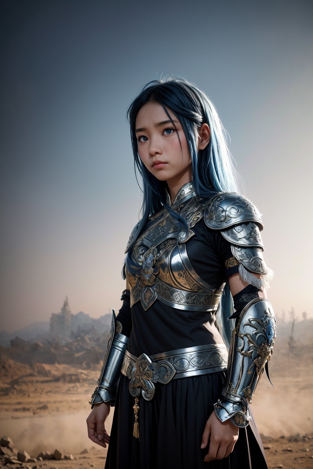 A beautiful indonesian girl warrior, with piercing blue eyes and long flowing blue hair, wearing intricately crafted armor adorned with traditional motifs, standing defiantly amidst the chaos of a war zone scene set in a desolate landscape with smoke-filled skies, rubble-strewn ground, and the distant sound of battle, high resolution, cinematic quality