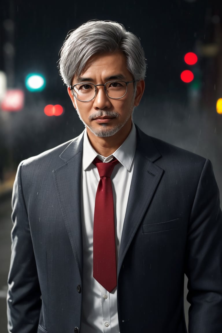 A handsome Indonesian professor with messy grey hair, thin beard, round glasses, wearing a white shirt with a tie and a long dark brown jacket, standing in the middle of a quiet street during the rain, misty, foggy, depth of field, bokeh, cinematic, masterpiece, best quality, high resolution