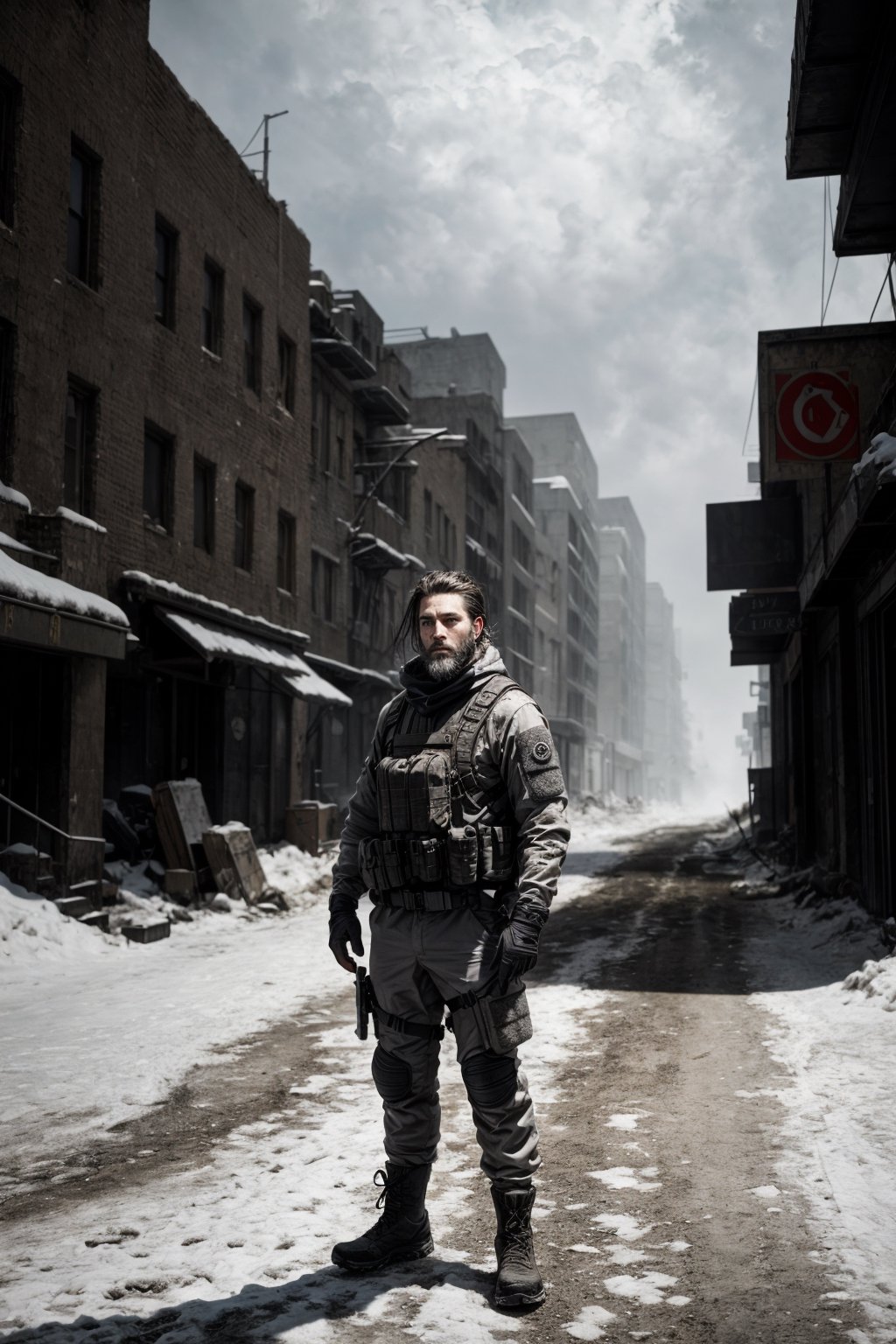 A good looking man, brown eyes, long silver tied up hairstyle, thin beard, athletic, wearing tactical gear outfit, standing with natural stance at the street of post apocalyptic city, snowy and foggy at background, into the dark, deep shadow, cinematic, masterpiece, best quality, high resolution