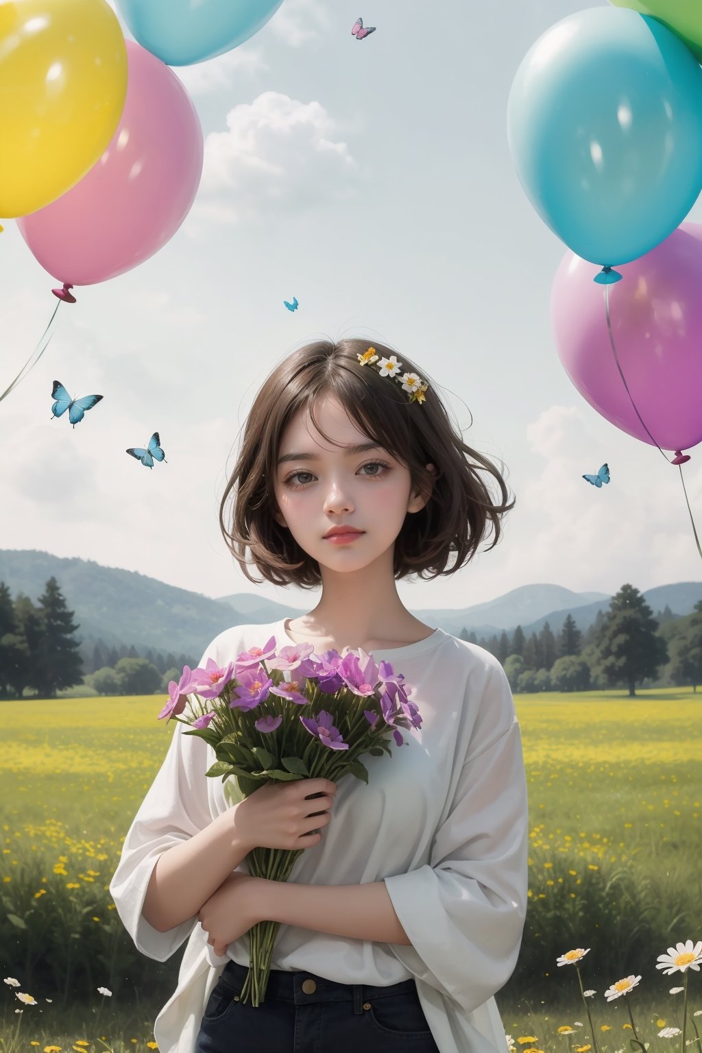 A charming illustration of a young girl enjoying a sunny day in a flower-filled meadow, surrounded by fluttering butterflies and holding a bunch of colorful balloons