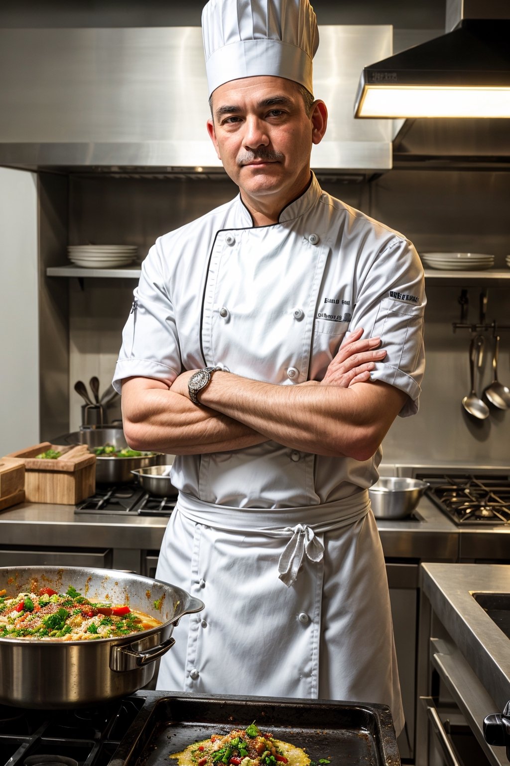 Create an image of a middle-aged, distinguished chef in a bustling kitchen, exuding both expertise and passion for culinary artistry. Adorned in a classic chef's uniform with a neatly groomed appearance, he stands amidst the organized chaos of a professional kitchen. His expression reflects a blend of concentration and pride as he prepares a delectable dish, surrounded by the sights, sounds, and aromas of the culinary world.