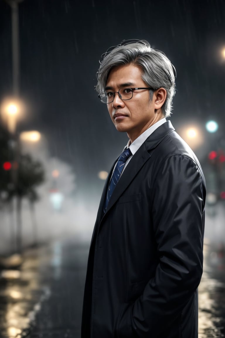 A handsome Indonesian professor with messy grey hair, round glasses, wearing a white shirt with a tie and a long dark brown jacket, standing in the middle of a quiet street during the rain, misty, foggy, depth of field, bokeh, cinematic, masterpiece, best quality, high resolution