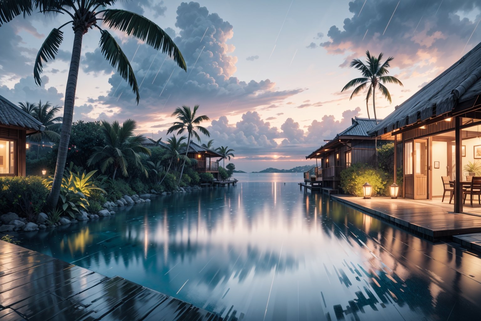 A mesmerizing scene unfolds as raindrops delicately patter on the surface of an infinity pool by the beach in the Maldives. The pool's tranquil waters mirror the soft, gray sky, creating a serene ambiance. Palm trees sway in the gentle rain, and overwater bungalows stand resilient against the tropical downpour. The interplay of rain and tropical surroundings adds a touch of magic to this coastal oasis. LOFI.