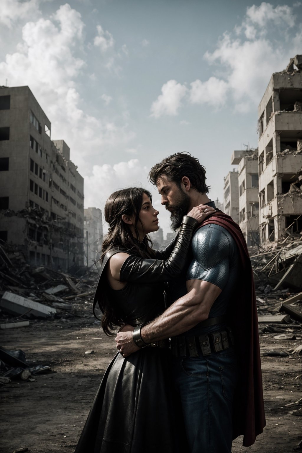 A couple of superhero bearded and woman looking each other in love between a battle scene, marvel like, standing at the ruined city, depth of field, cinematic