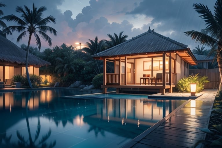 "A mesmerizing scene unfolds as raindrops delicately patter on the surface of an infinity pool by the beach in the Maldives. The pool's tranquil waters mirror the soft, gray sky, creating a serene ambiance. Palm trees sway in the gentle rain, and overwater bungalows stand resilient against the tropical downpour. The interplay of rain and tropical surroundings adds a touch of magic to this coastal oasis. LOFI"