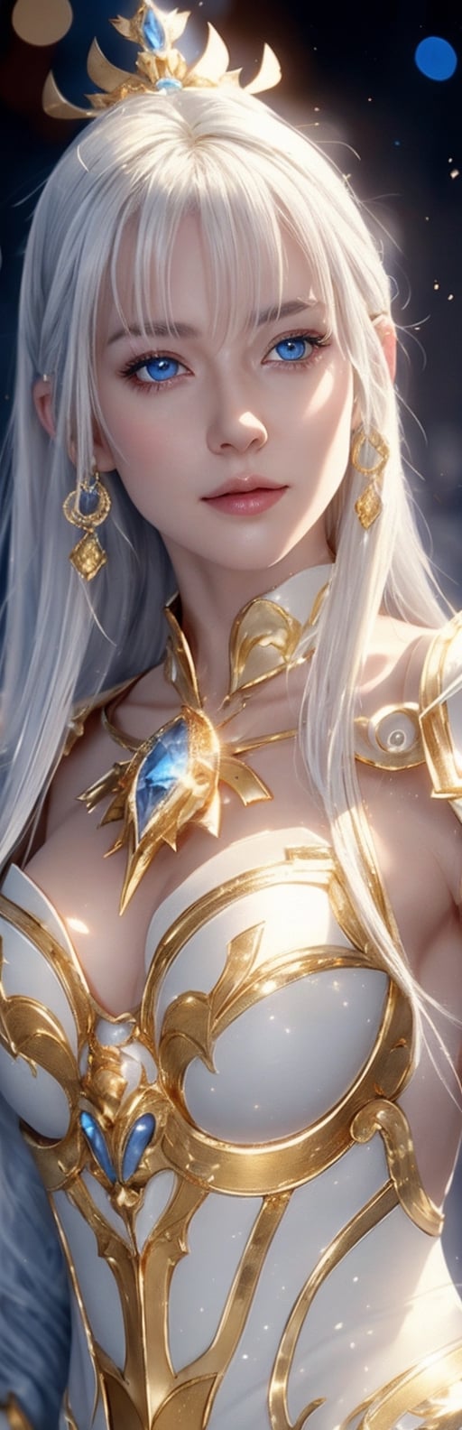 best quality, high resolution, 8k, realistic, sharp focus, photorealistic image of a graceful white haired lady, blue eyes, this lady wearing golden armor with golden magical bell in her possesion, shiny skin, ice theme, huoshen, zhurongshi, huoshen, blurry_light_background, EpicSky,1 girl