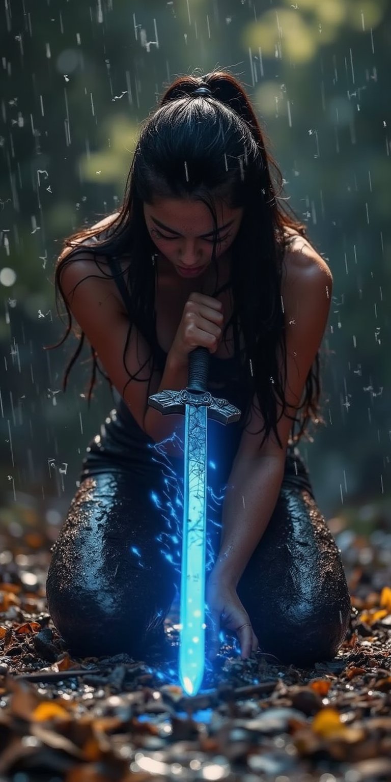 (Facing viewer, looking at viewer, close up), digital art ilustration, depth of field, cinematic light, chiarosaurio, mist, particles, sparks,reflections, a female (Chun Li, beautiful, sexy, long straight hair), ((With one knee on the ground, the sword stuck in the ground held by one hand bowing its head in reverence, the Sci-Fi neon light, tear off Bodysuit, very detailed, before the battle)), luminiscent hugue sword, energy sword, dirt, rain,mud, dirty, rusty, and muddy,battered armor, dark fantasy art,movie still, cinematic