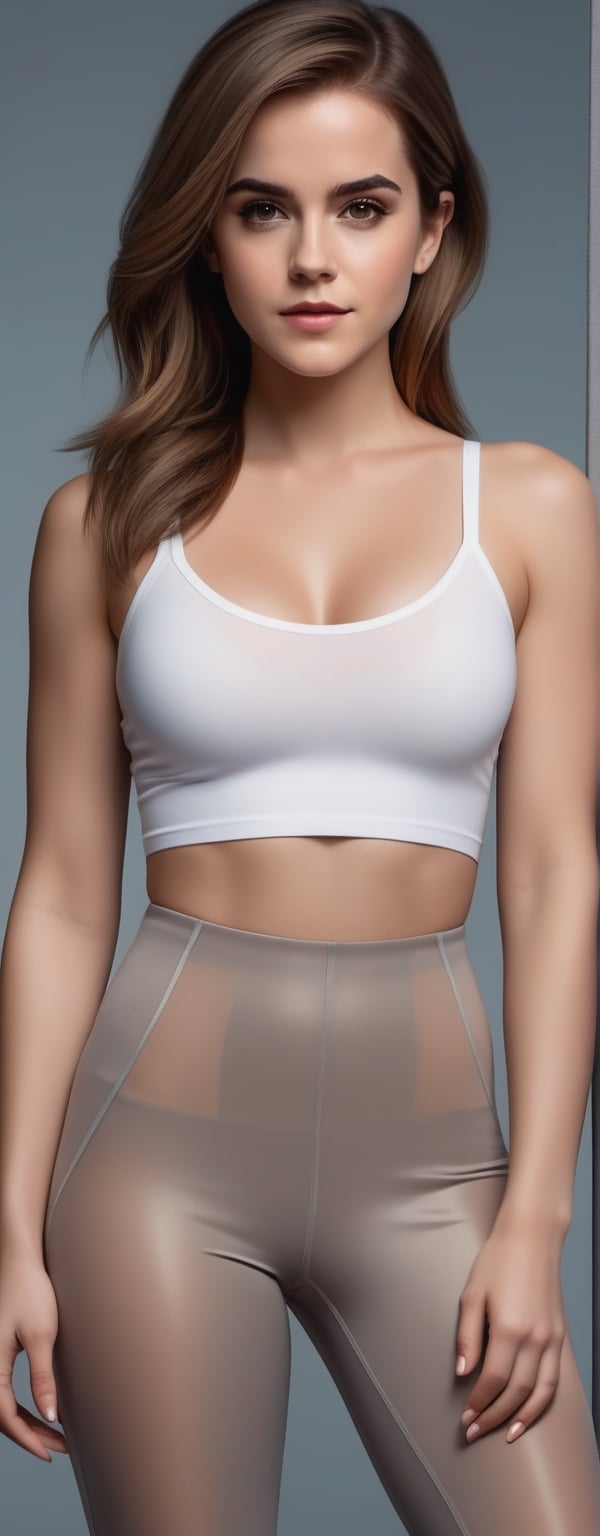 craft a hyper realistic vertical photo of most attractive serious woman in her 30s in sexy transparent legging, trending on artstation, waist up portrait, digital art, modern, sleek, highly detailed, formal, serious, determined, CEO, colorized, smooth, charming, pretty, soft smile, soft lips, black eyes, Trendsetter wolf cut brown hair, Emma Watson,