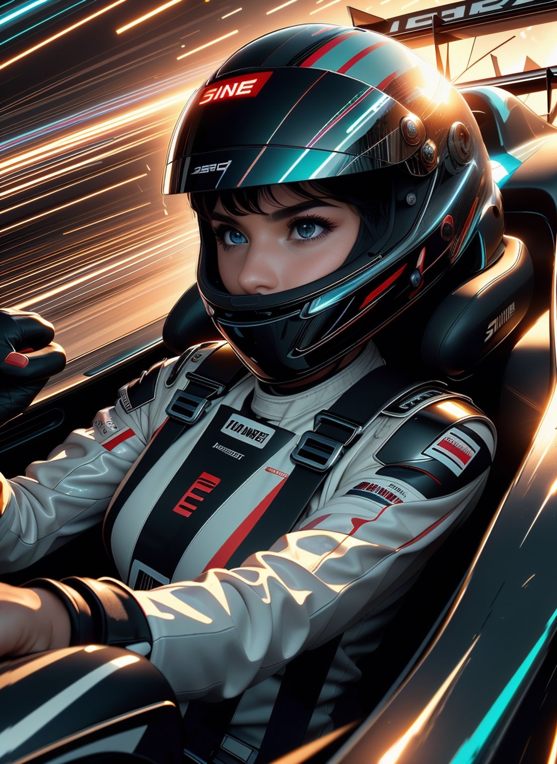 (((masterpiece))), (((Photography))), (((Ultrarealistic))), (((best quality))), ((Car Front view)), (((driving a formula racing))), ((fingers on steering wheel)), ((high speed racing)), sitting on driver's seat, sharp eyes, determined, ((helmet)), ((black Sci-fi uniform, leather armor)), (((speed lines))), ((electric current)), ((spiral wind)), ((neon lights)), ((spark)), solo, 1girl, most beautiful, big tits, sweat, slim figure, lora:girllikeformularacing:1, 