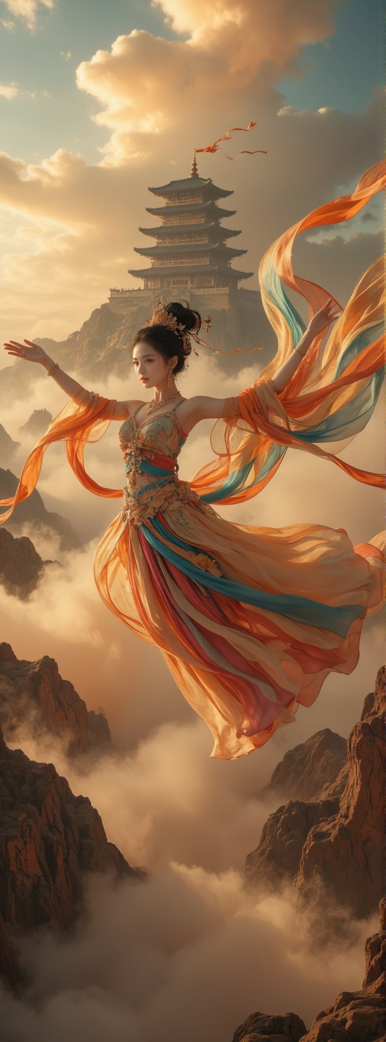 Score_9, score_8_up, score_7_up, big close up, A majestic masterpiece! An Ancient Chinese Goddess descends from the sky in an elegant dance pose, her flowing rainbow dunhuang dress adorned with intricate gold embroidery and sparkling jewelry, shimmering in soft golden light. The fisheye lens captures the grandeur of her movement as she stretches out her hands, against a vibrant cloudscape with the ancient palace rising from the foggy horizon, like a palace in the sky, with high contrast and subtle grayscale tones. Movie special effects style.