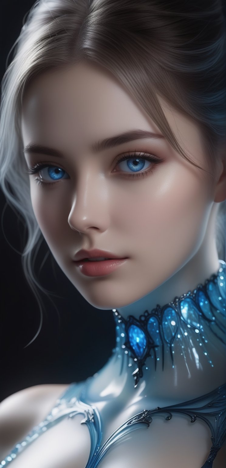 ((Waist shot)), craft a hyper realistic vertical photo of most attractive glass girl, body made out of glass, intricate beauty, bioluminescence, blue veins, detailed eyes, sparkling, reflections, (translucent), elegant, simple background, dim light, volumetric lighting, hyper realistic, blurry foreground, blurry background, (bloodborne:1.1),