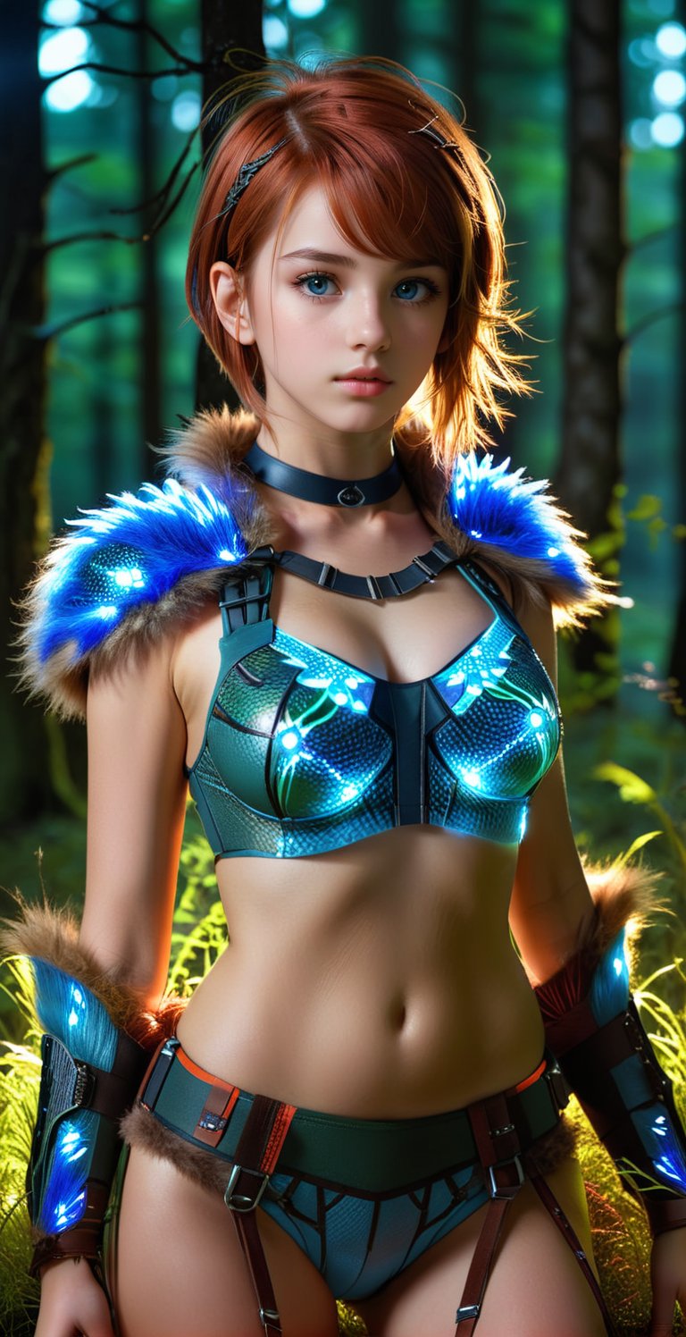 A bright girl with an ultra-realistic body, with very short straight hair, an ultra-realistic 21-year-old girl (Supermodel, Beautiful face) on the grass in full growth, an autumn mysterious, fabulous forest, fantastic beauty. she is wearing an archer's Kirin heavy armor with neon light, Leather bra top, a cute gentle look, an ultra-detailed fabulous image in 8K resolution, translucent and unearthly, a bioluminescent forest is visible, a front view of a girl with beautiful natural breasts and a hairy red pubis