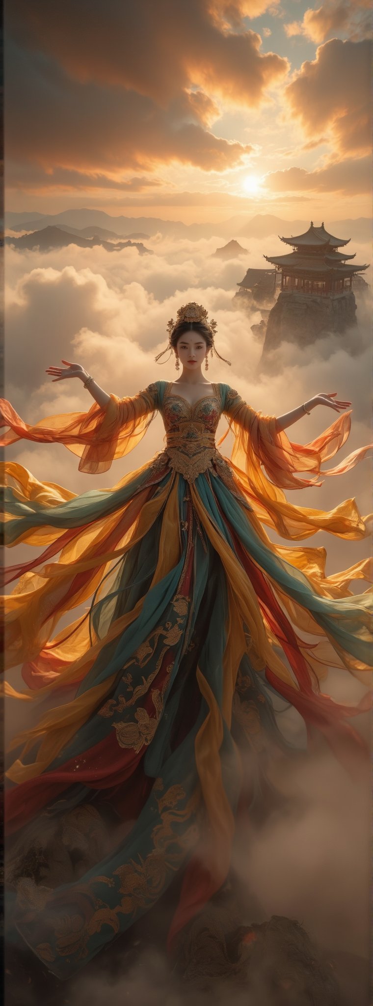 Score_9, score_8_up, score_7_up, big close up, A majestic masterpiece! An Ancient Chinese Goddess descends from the sky in an elegant dance pose, her flowing rainbow dunhuang dress adorned with intricate gold embroidery and sparkling jewelry, shimmering in soft golden light. The fisheye lens captures the grandeur of her movement as she stretches out her hands, against a vibrant cloudscape with the ancient palace rising from the foggy horizon, like a palace in the sky, with high contrast and subtle grayscale tones. Movie special effects style.