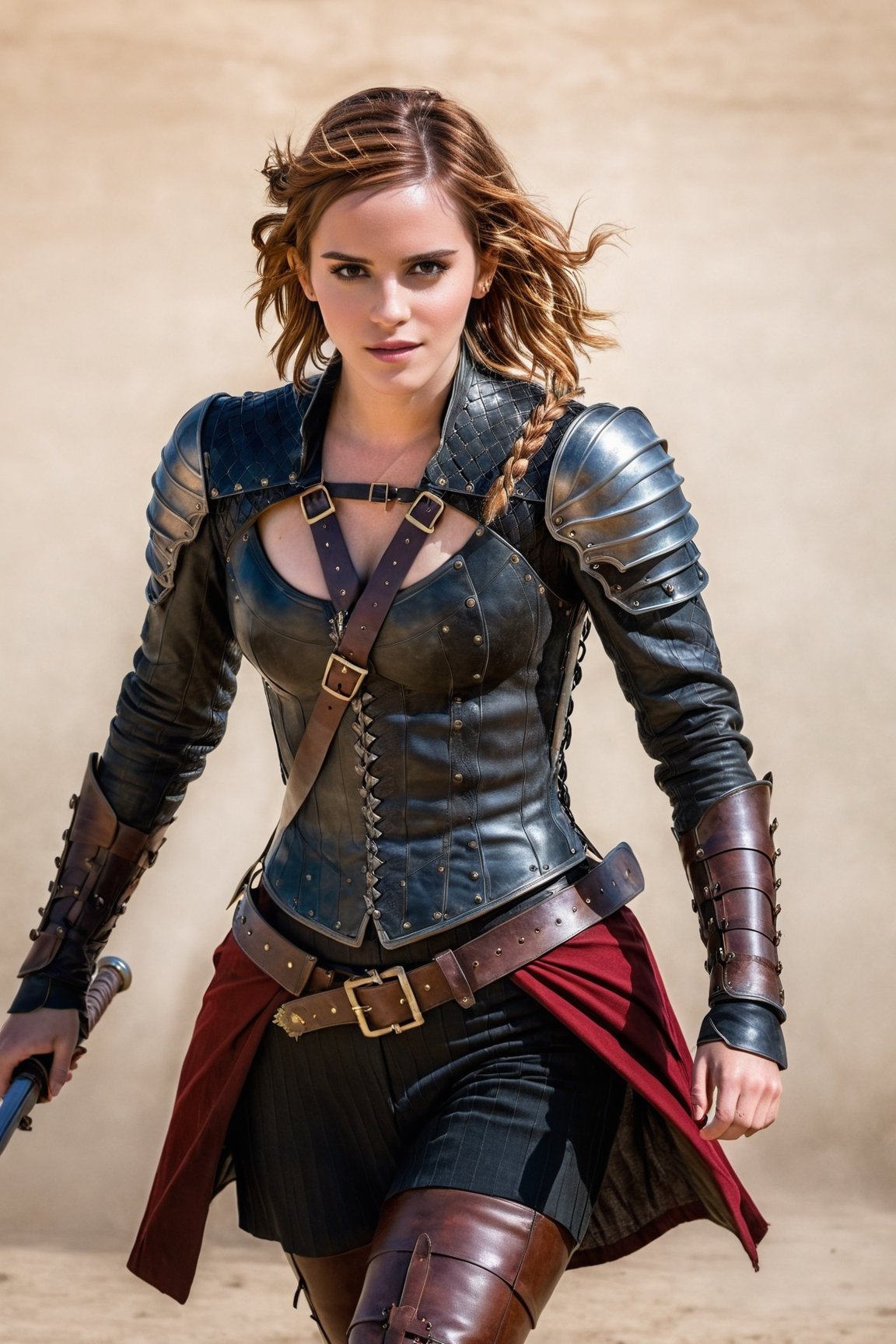 mosst beautiful woman (Emma Watson), sexy, redish hair with an elaborate long side braid wearing ancient and modern leather armor, with some hitech features, very intricated, noble and precious armor, a knight's sword in her hands, battlements of a medieval castle, light gray, misty background Super detailed, photographic realistic masterpiece 4K HDR quality image,action shot,skswoman,EmmaWatson