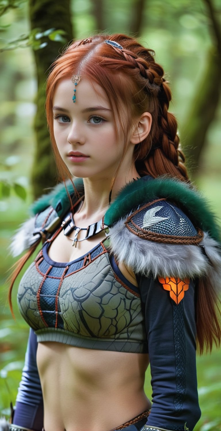 A bright girl with an ultra-realistic body, with very long straight red hair, single braid, an ultra-realistic 30-year-old girl (European Supermodel, Beautiful face, elegant, sexy) on the grass in full growth, an autumn mysterious, fabulous forest, fantastic beauty. she is wearing an archer's Kirin heavy armor, metalic bra top, a cute gentle look, an ultra-detailed fabulous image in 8K resolution, translucent and unearthly, a bioluminescent forest is visible, a front view of a girl with beautiful natural breasts and a hairy red pubis