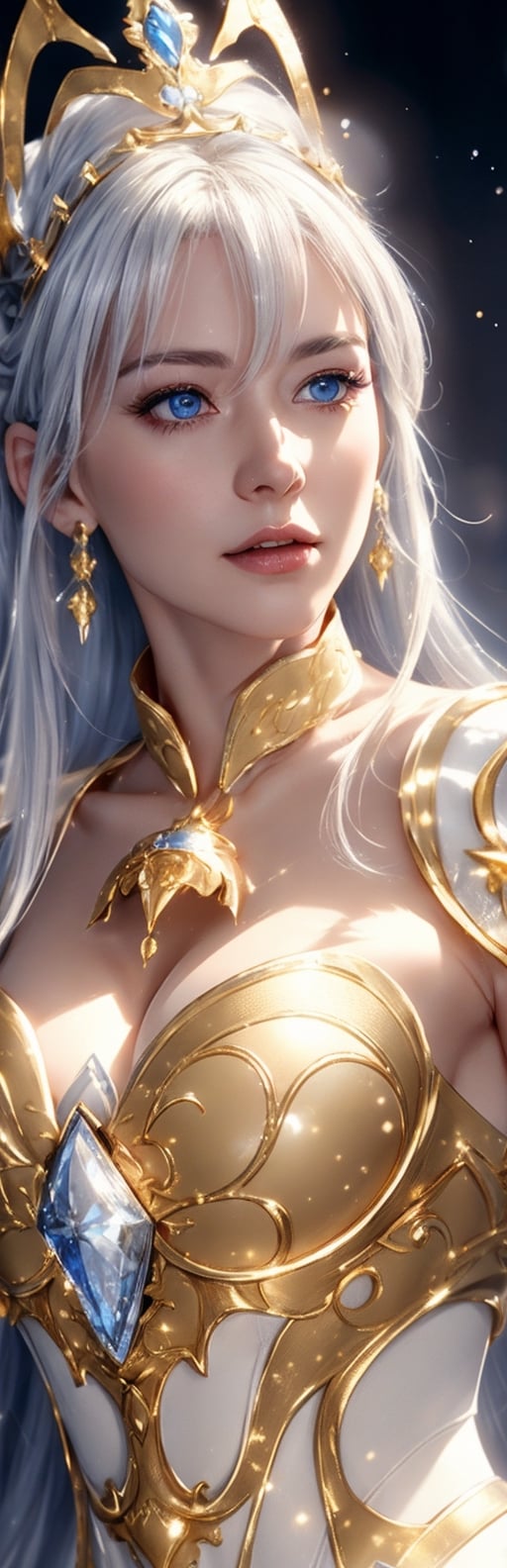 best quality, high resolution, 8k, realistic, sharp focus, ultra realistic, photorealistic image of a graceful white haired lady, blue eyes, this lady wearing golden armor with golden magical bell in her possesion, shiny skin, ice theme, huoshen, zhurongshi, huoshen, blurry_light_background, EpicSky,1 girl