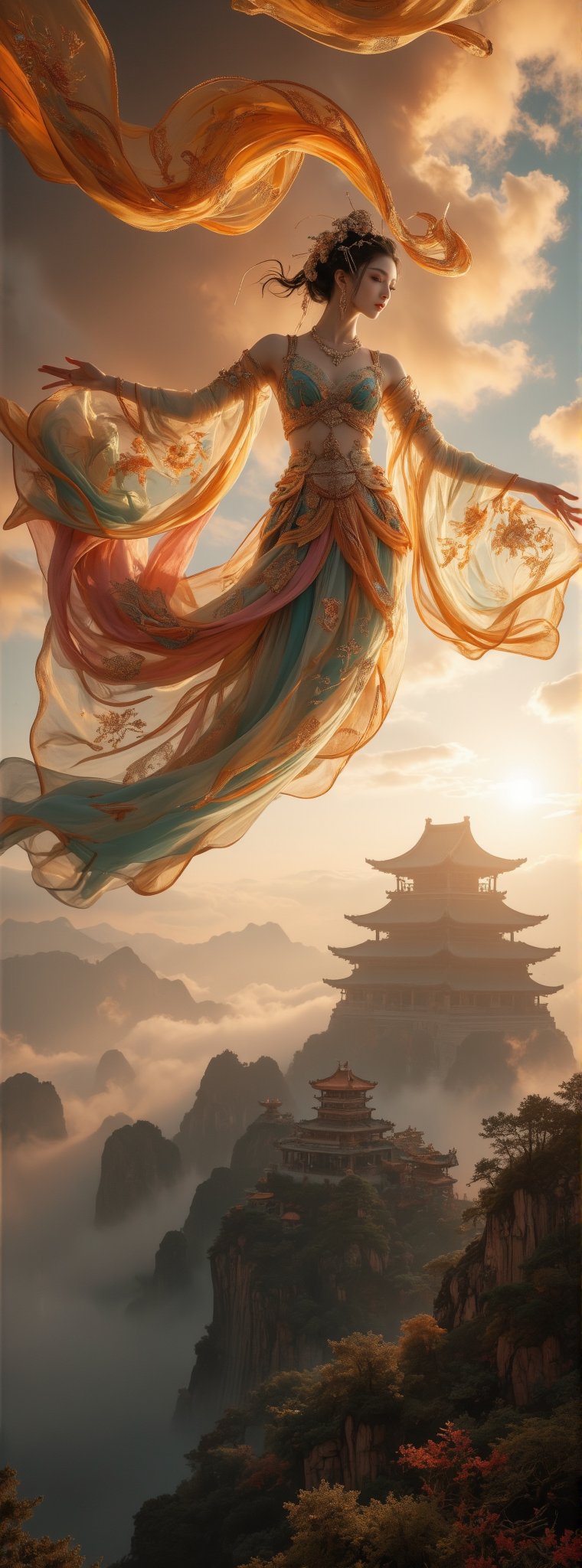 Score_9, score_8_up, score_7_up, big close up, A majestic masterpiece! An Ancient Chinese Goddess descends from the sky in an elegant dance pose, her flowing rainbow dunhuang dress adorned with intricate gold embroidery and sparkling jewelry, shimmering in soft golden light. The fisheye lens captures the grandeur of her movement as she stretches out her hands, against a vibrant cloudscape with the ancient palace rising from the foggy horizon, like a palace in the sky, with high contrast and subtle grayscale tones. Movie special effects style.