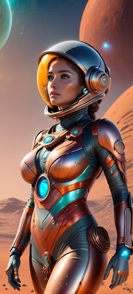 A beautiful ancient martian woman. splash art, fractal art, colorful, a winner photo award, detailed photo, Arnold render, 16K full batttle gear cosmo USSR space age war with full gear full body suit and helmet hig technology on a mars landscape remove watermarks 