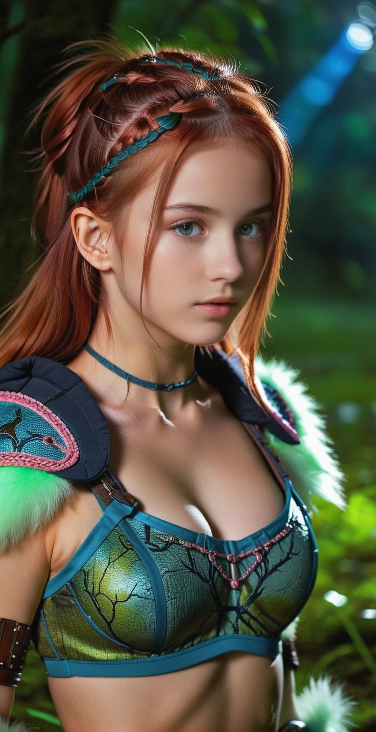 A bright girl with an ultra-realistic body, with very long straight red hair, single braid, an ultra-realistic 30-year-old girl (European Supermodel, Beautiful face, elegant, sexy) on the grass in full growth, an autumn mysterious, fabulous forest, fantastic beauty. she is wearing an archer's Kirin heavy armor with pink neon light, metalic bra top, a cute gentle look, an ultra-detailed fabulous image in 8K resolution, translucent and unearthly, a bioluminescent forest is visible, a front view of a girl with beautiful natural breasts and a hairy red pubis