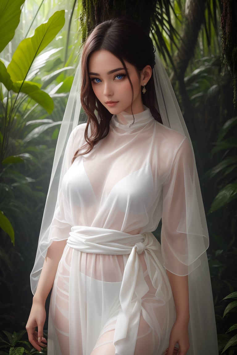 ((Waist Shot)). (masterpiece, RAW, 32K, UHD, hyper realistic, best quality), (masterpiece, top quality, best quality, official art, beautiful and aesthetic:1.2), hdr, high contrast, wideshot,, a mystical lady getting wet in the middle of rainforest, raining heavily, makeup washed away by the rain water,Veil, sexy transparent dress, see-through, transparent clothes,
