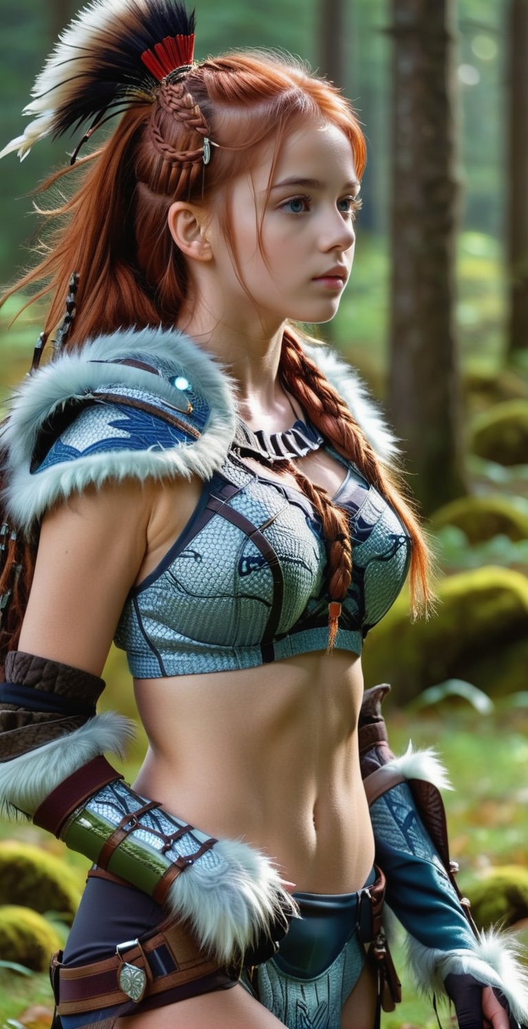 A bright girl with an ultra-realistic body, with very long straight red hair, single braid, an ultra-realistic 30-year-old girl (European Supermodel, Beautiful face, elegant, sexy) on the grass in full growth, an autumn mysterious, fabulous forest, fantastic beauty. she is wearing an archer's Kirin heavy armor, metalic bra top, a cute gentle look, an ultra-detailed fabulous image in 8K resolution, translucent and unearthly, a bioluminescent forest is visible, a front view of a girl with beautiful natural breasts and a hairy red pubis