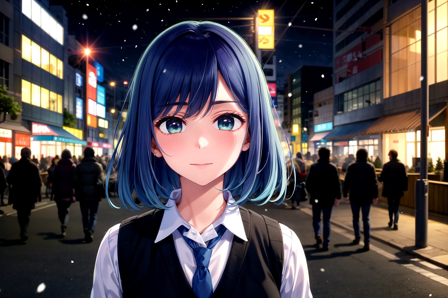 //Quality,
(masterpiece), (best quality), 8k illustration, wallpaper
,//Character,
1girl, solo
,//Fashion,
,//Background,
buildings, city, outdoors, sidewalk, japanese city, shibuya, night, nighttime, detailed_background, depth_of_field, lens flare, misty, foggy
,//Others,
akane, white shirt, sweater vest, black vest, blue necktie, upper body, portrait, bush, looking at viewer, beautiful lighting, light on face, akane, facing the light, falling_snow, snowing, ,masterpiece, dark, hand to own mouth, fingernails,