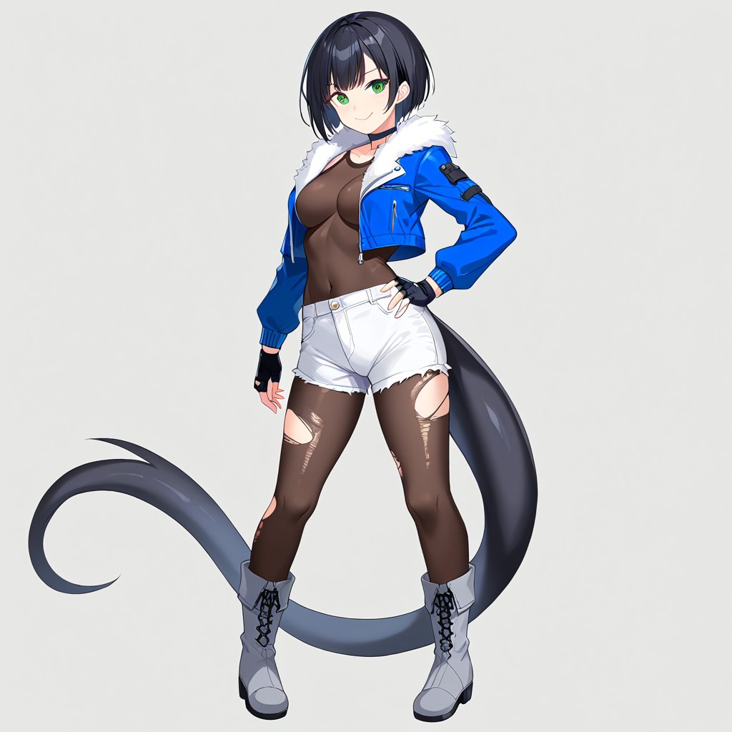 1girl, solo, looking at viewer, smile, short hair, bangs, simple background, black hair, gloves, long sleeves, closed mouth, green eyes, standing, jacket, tail, full body, pantyhose, boots, shorts, choker, black gloves, fingerless gloves, open jacket, hand on hip, torn clothes, fur trim, black choker, black shorts, blue jacket, bodystocking, torn pantyhose, grey footwear