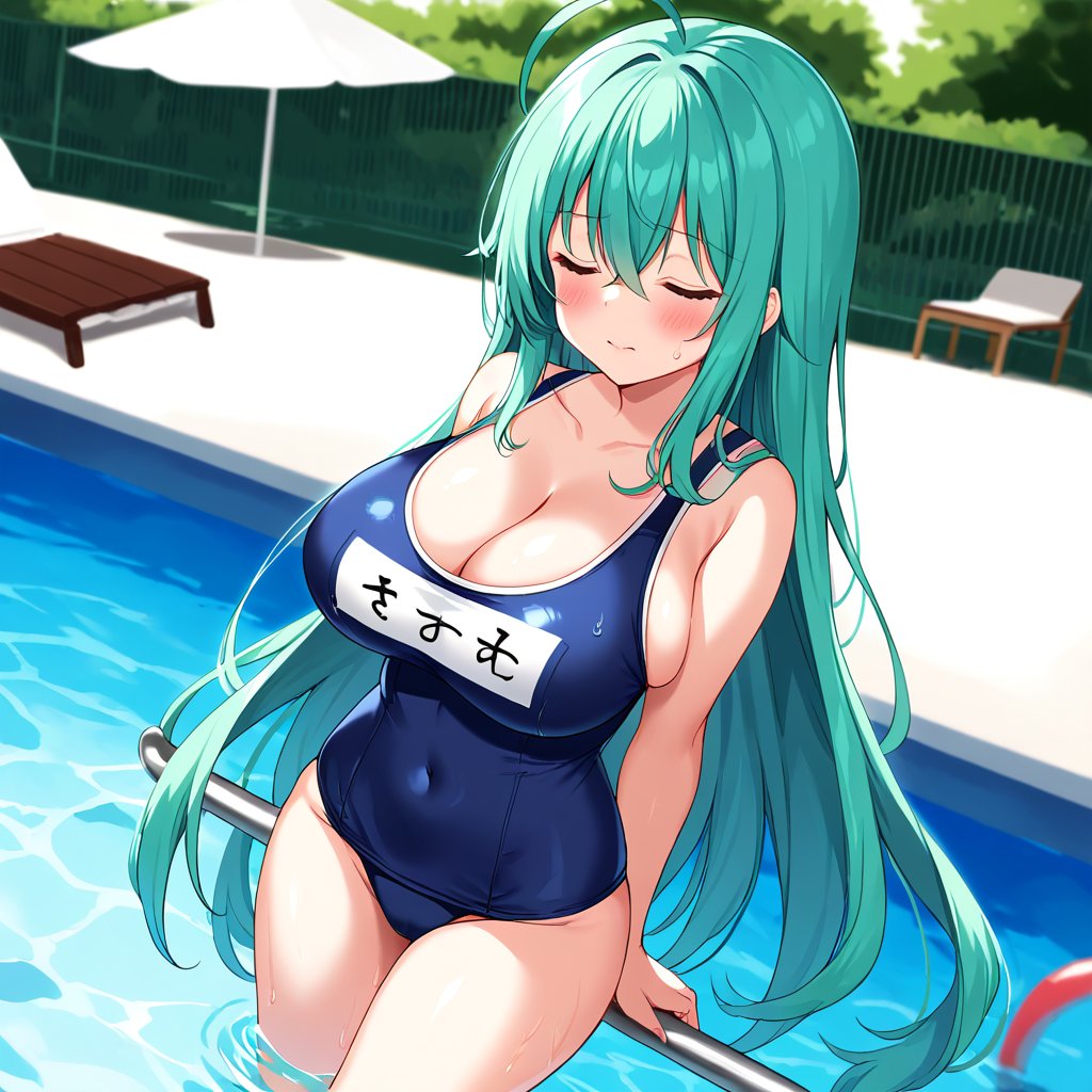 1girl, solo, long hair, breasts, blush, bangs, large breasts, cleavage, hair between eyes, very long hair, closed mouth, collarbone, swimsuit, closed eyes, ahoge, cowboy shot, green hair, water, sweatdrop, one-piece swimsuit, book, aqua hair, covered navel, school swimsuit, blue one-piece swimsuit, name tag, pool, one-piece swimsuit pull