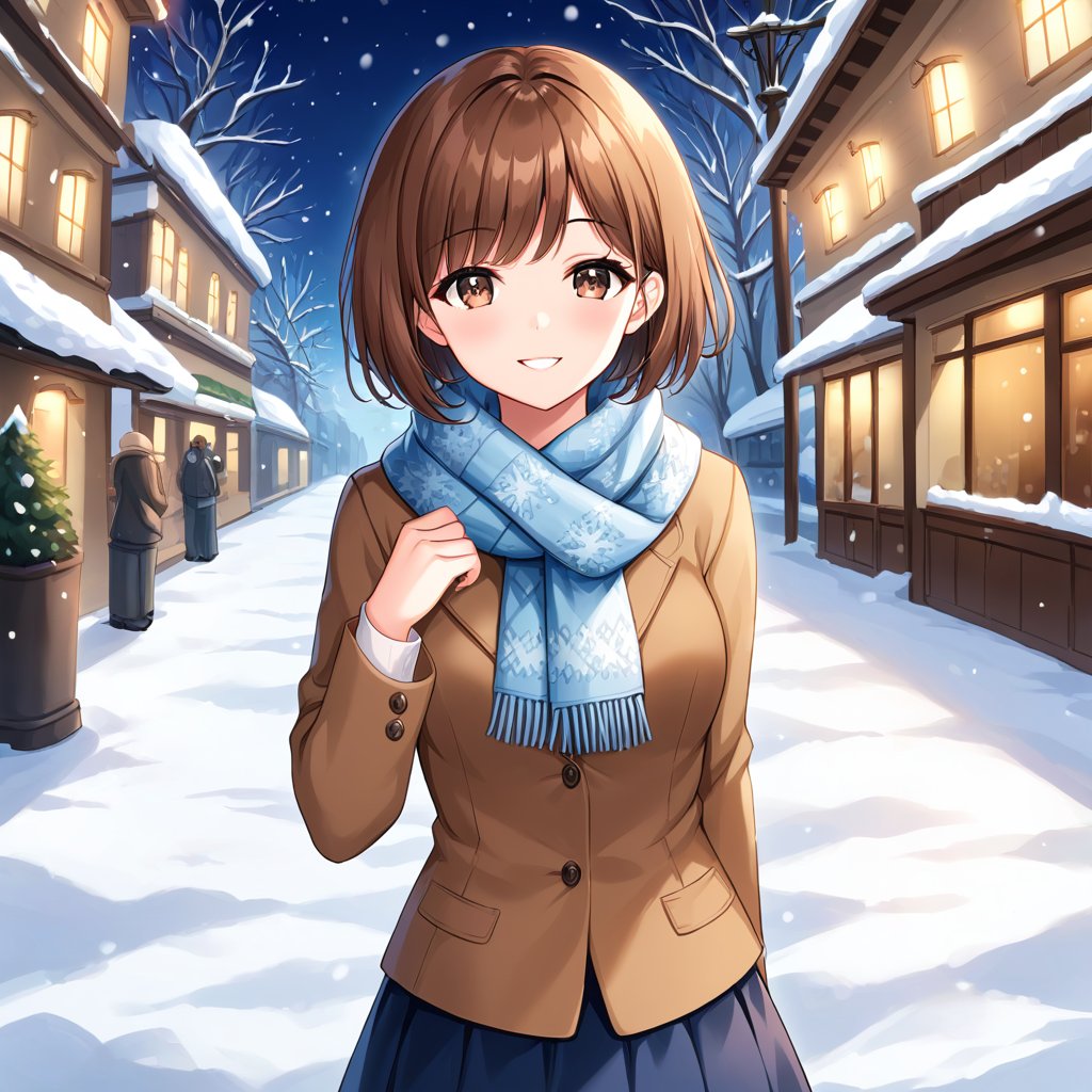 Beautiful and delicate light, (beautiful and delicate eyes), pale skin, big smile, (brown eyes), (brow short hair), dreamy, medium chest , woman 1,  bangs, soft expression,shyness, skirt, winter down parka, scarf, snowy street, score_6