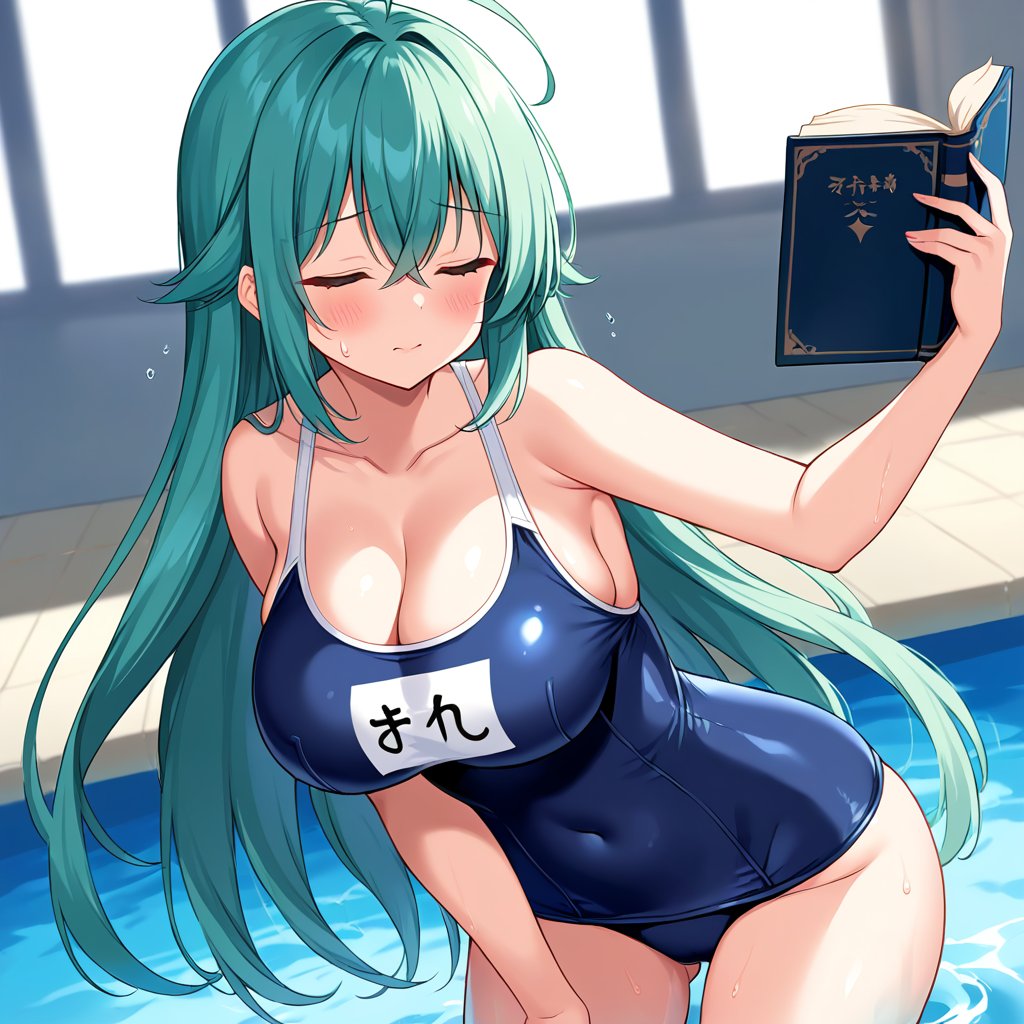 1girl, solo, long hair, breasts, blush, bangs, large breasts, cleavage, hair between eyes, very long hair, closed mouth, collarbone, swimsuit, closed eyes, ahoge, cowboy shot, green hair, water, sweatdrop, one-piece swimsuit, book, aqua hair, covered navel, school swimsuit, blue one-piece swimsuit, name tag, pool, one-piece swimsuit pull