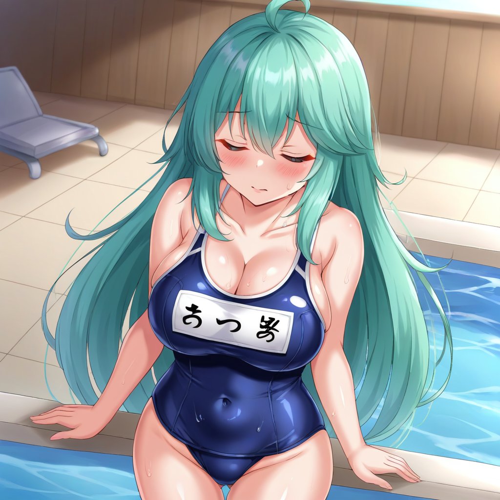 1girl, solo, long hair, breasts, blush, bangs, large breasts, cleavage, hair between eyes, very long hair, closed mouth, collarbone, swimsuit, closed eyes, ahoge, cowboy shot, green hair, water, sweatdrop, one-piece swimsuit, book, aqua hair, covered navel, school swimsuit, blue one-piece swimsuit, name tag, pool, one-piece swimsuit pull