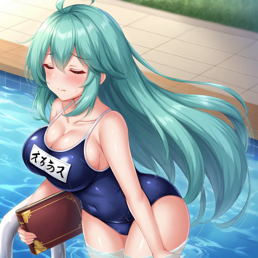 1girl, solo, long hair, breasts, blush, bangs, large breasts, cleavage, hair between eyes, very long hair, closed mouth, collarbone, swimsuit, closed eyes, ahoge, cowboy shot, green hair, water, sweatdrop, one-piece swimsuit, book, aqua hair, covered navel, school swimsuit, blue one-piece swimsuit, name tag, pool, one-piece swimsuit pull