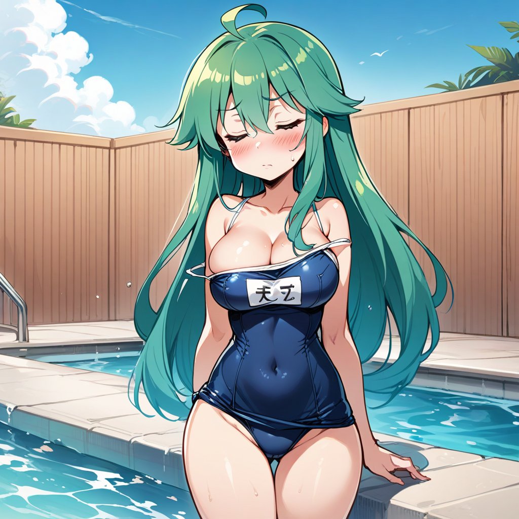 1girl, solo, long hair, breasts, blush, bangs, large breasts, cleavage, hair between eyes, very long hair, closed mouth, collarbone, swimsuit, closed eyes, ahoge, cowboy shot, green hair, water, sweatdrop, one-piece swimsuit, book, aqua hair, covered navel, school swimsuit, blue one-piece swimsuit, name tag, pool, one-piece swimsuit pull,dickgirl