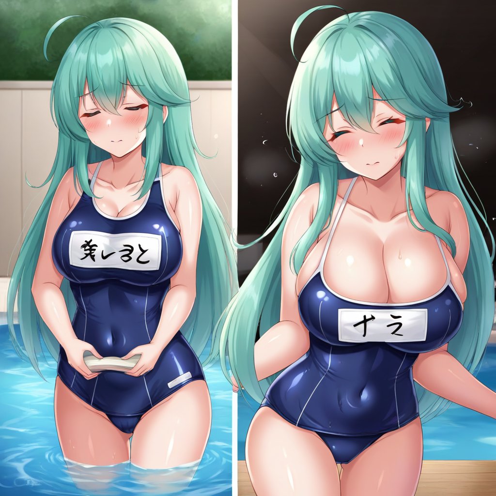 1girl, solo, long hair, breasts, blush, bangs, large breasts, cleavage, hair between eyes, very long hair, closed mouth, collarbone, swimsuit, closed eyes, ahoge, cowboy shot, green hair, water, sweatdrop, one-piece swimsuit, book, aqua hair, covered navel, school swimsuit, blue one-piece swimsuit, name tag, pool, one-piece swimsuit pull