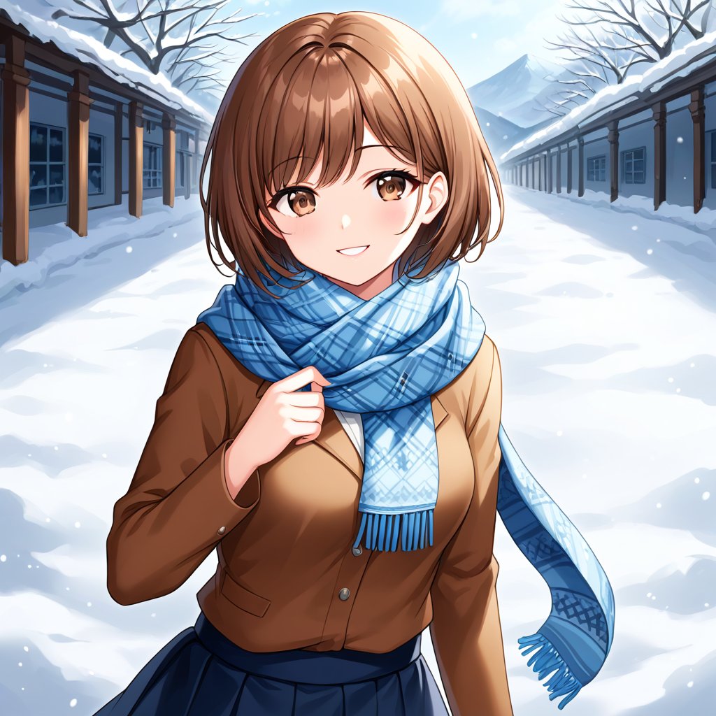 Beautiful and delicate light, (beautiful and delicate eyes), pale skin, big smile, (brown eyes), (brow short hair), dreamy, medium chest,  bangs, soft expression,shyness, skirt, winter down parka, scarf, snowy street,