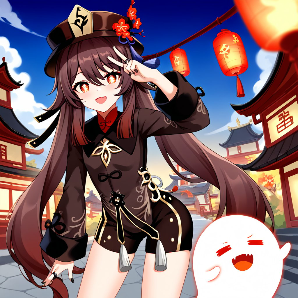 hutaornd, masterpiece, best quality, 1girl, hu tao (genshin impact), boo tao,hat, red eyes, twintails, brown hair, solo, symbol-shaped pupils, long hair,bangs, black shorts , chinese clothes, flat_chest, Standing in a picturesque Chinese village. With a mischievous expression on his face, Hu Tao raises one hand in a gesture of greeting, while with the other hand he makes a playful gesture, as if he is up to something. His mischievous smile and mischievous look reflect his playful and energetic personality. The atmosphere of the Chinese village is reflected in the details of the pagoda roofs and hanging lanterns that decorate the cityscape.
,incredibly absurdres,Torn clothes 