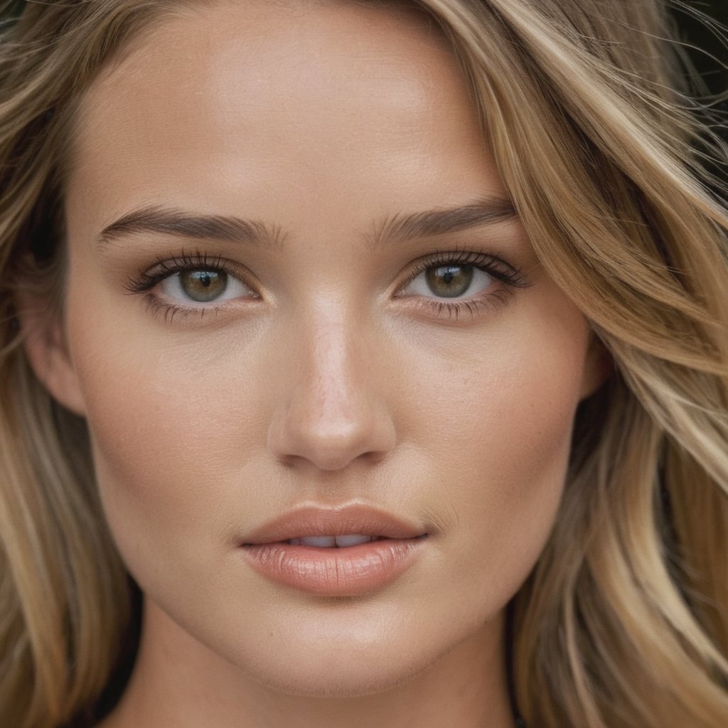 Capturing the essence of hyperdetailed photography using a Canon lens set at a striking f/1.8 aperture and a 55mm focal length the chosen perspective is a deliberately close-up plane.

The face Rosie Huntington, she is 35 years old without makeup.

The lens meticulously captures every detail accentuating expression. 

The skin although not glossy, showcases its natural texture with tan lines. Small eyes, rich with reflections from the surroundings, reveal a depth that draws the viewer in. The play of light unveils small imperfections, freckles, and detailed pores, enhancing the raw and natural beauty of the moment.

Stripped of any adornments, without jewelry, collar, clothes, or bikini. The grainy texture of the photograph imparts an authentic, unfiltered quality -- style raw format"