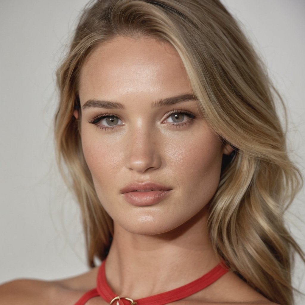 Capturing the essence of hyperdetailed photography using a Canon lens set at a striking f/1.8 aperture and a 55mm focal length the chosen perspective is a deliberately close-up plane.

The face Rosie Huntington, she is 35 years old without makeup.

The lens meticulously captures every detail accentuating expression. 

The skin although not glossy, showcases its natural texture with tan lines. Small eyes, rich with reflections from the surroundings, reveal a depth that draws the viewer in. The play of light unveils small imperfections, freckles, and detailed pores, enhancing the raw and natural beauty of the moment.

Stripped of any adornments, without jewelry, collar, clothes, or bikini. The grainy texture of the photograph imparts an authentic, unfiltered quality -- style raw format"